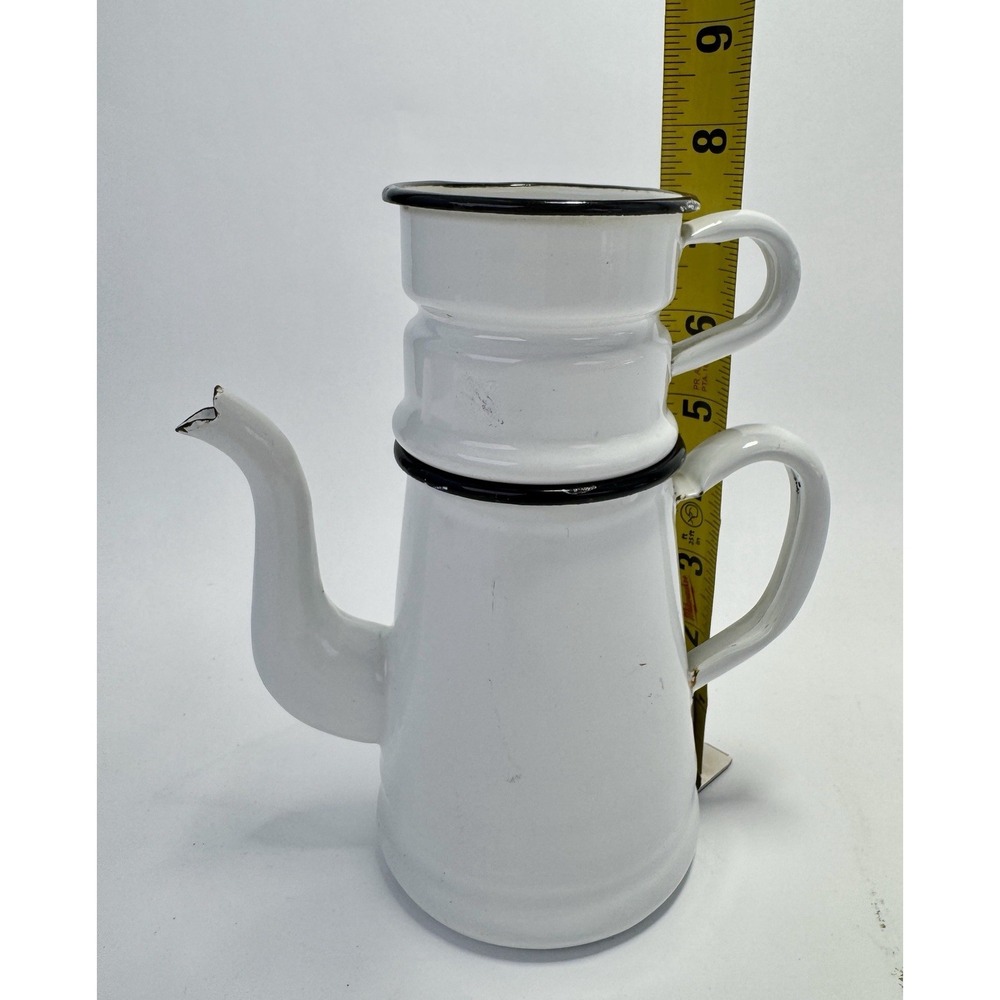 French Drip Coffee Pot Biggin Vintage White Enamel 2 Piece Black Trim - No Lid